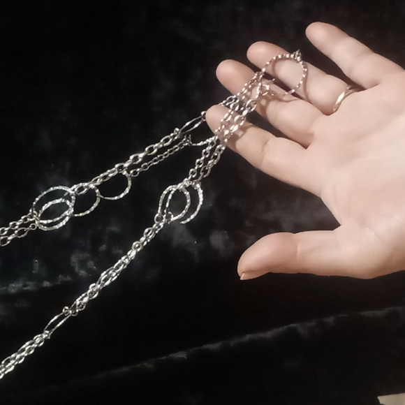 Unique stacked linked Circle long chain hammered silver. 34 inches - Picture 6 of 7